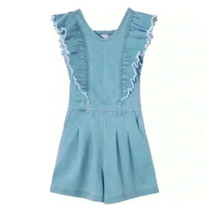 Habitual girls denim jean shorts romper size 16 pleated smocked stretchy v neck
